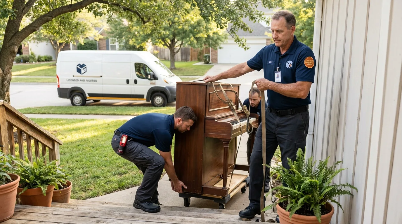 Licensed piano movers securing grand piano in Plymouth, PA