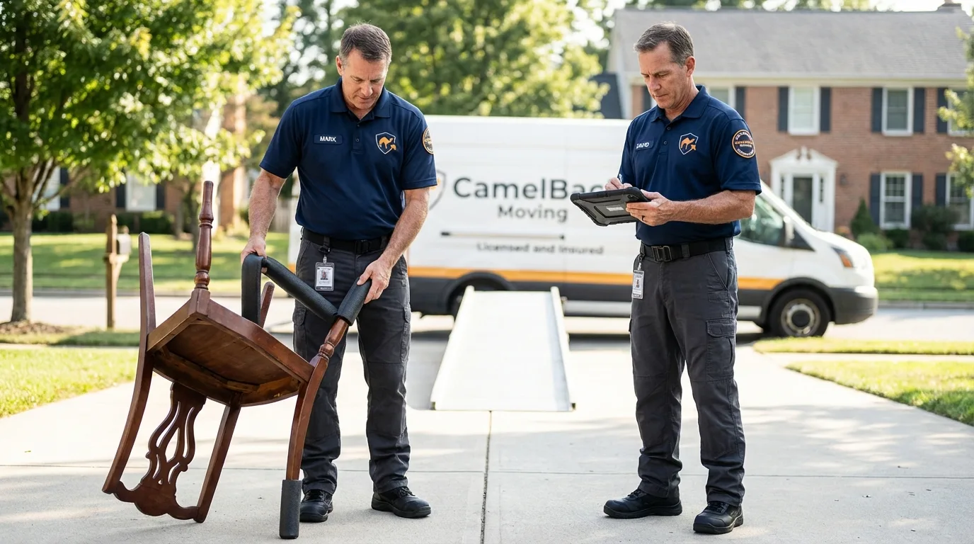 Movers inspecting furniture for damage prevention before loading in Plymouth, PA