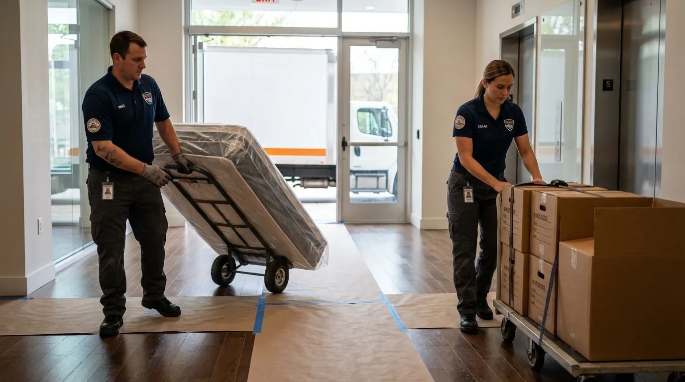 Professional apartment movers loading elevator in Plymouth, PA
