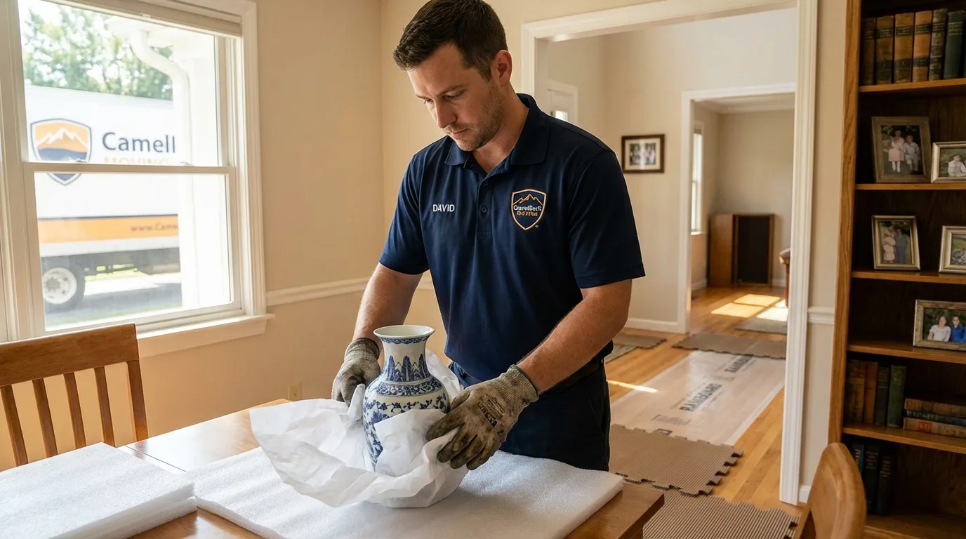 Professional crew carefully wrapping antique vase for senior downsizing move in Plymouth, PA